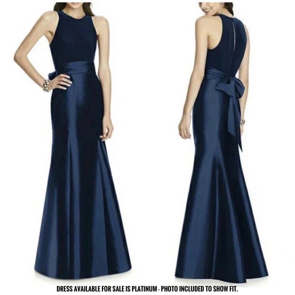 ALFRED SUNG Platinum Light Blue Jersey Sateen Mikado Long Gown with Sash Size 0 - Picture 2 of 11